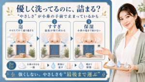 優しく洗っているのに毛穴が詰まる理由を泡・すすぎ・保湿が小鼻の手前で止まる構造で見る説明ボード