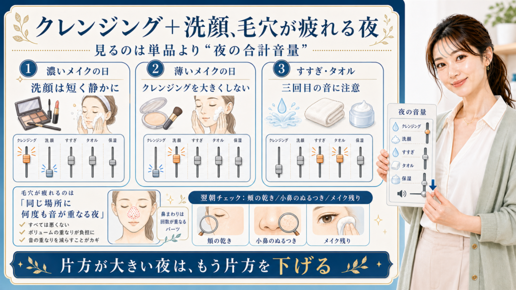 クレンジングと洗顔の組み合わせを夜の合計音量として見る説明ボード