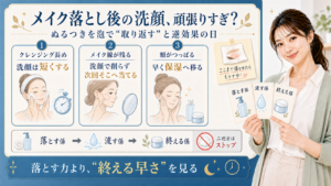 メイク落とし後の洗顔をクレンジング長め・メイク線残り・頬のつっぱりで分ける説明ボード