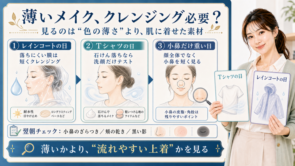 薄いメイクの日のクレンジング必要性をレインコートの日・Tシャツの日・小鼻だけ重い日で分ける説明ボード