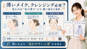 薄いメイクの日のクレンジング必要性をレインコートの日・Tシャツの日・小鼻だけ重い日で分ける説明ボード