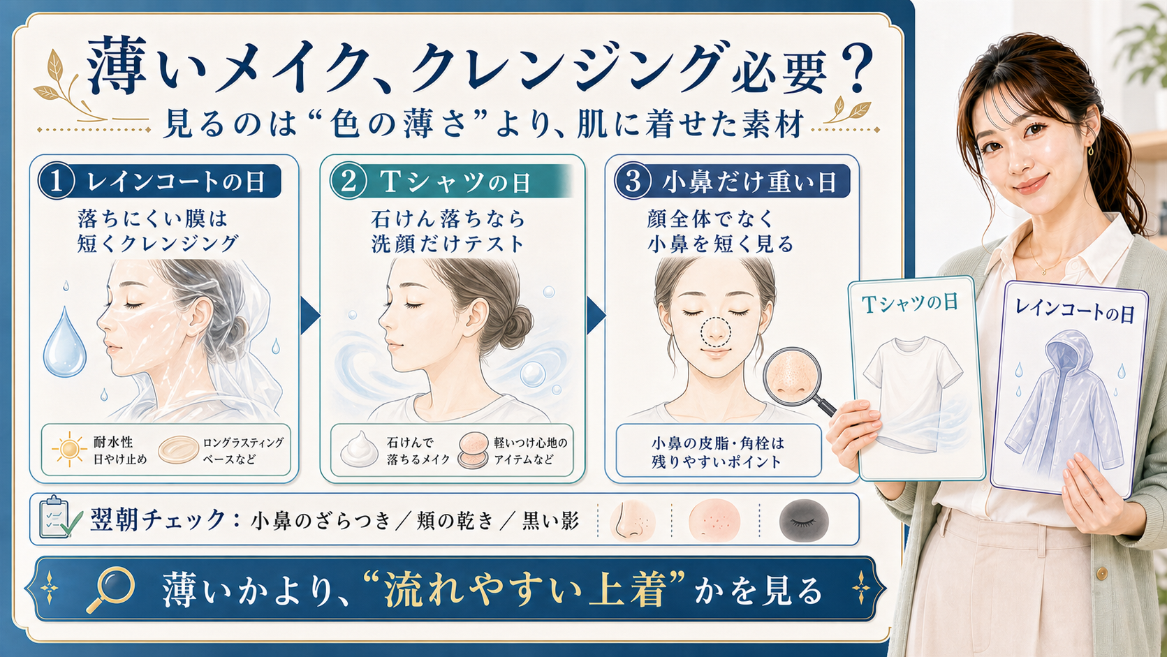 薄いメイクの日のクレンジング必要性をレインコートの日・Tシャツの日・小鼻だけ重い日で分ける説明ボード
