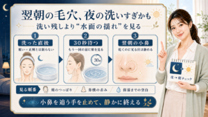 翌朝の毛穴を夜の洗いすぎと水面の揺れとして見る説明ボード