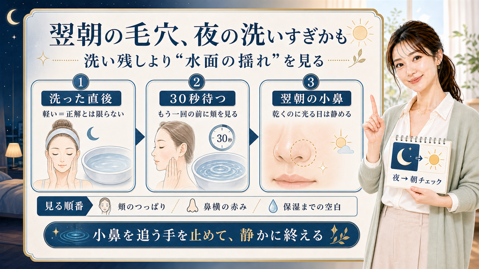 翌朝の毛穴を夜の洗いすぎと水面の揺れとして見る説明ボード
