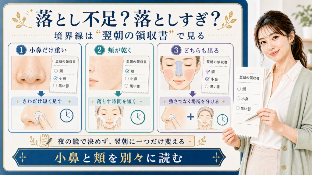 落とし不足と落としすぎの境界線を翌朝の小鼻と頬で見る説明ボード