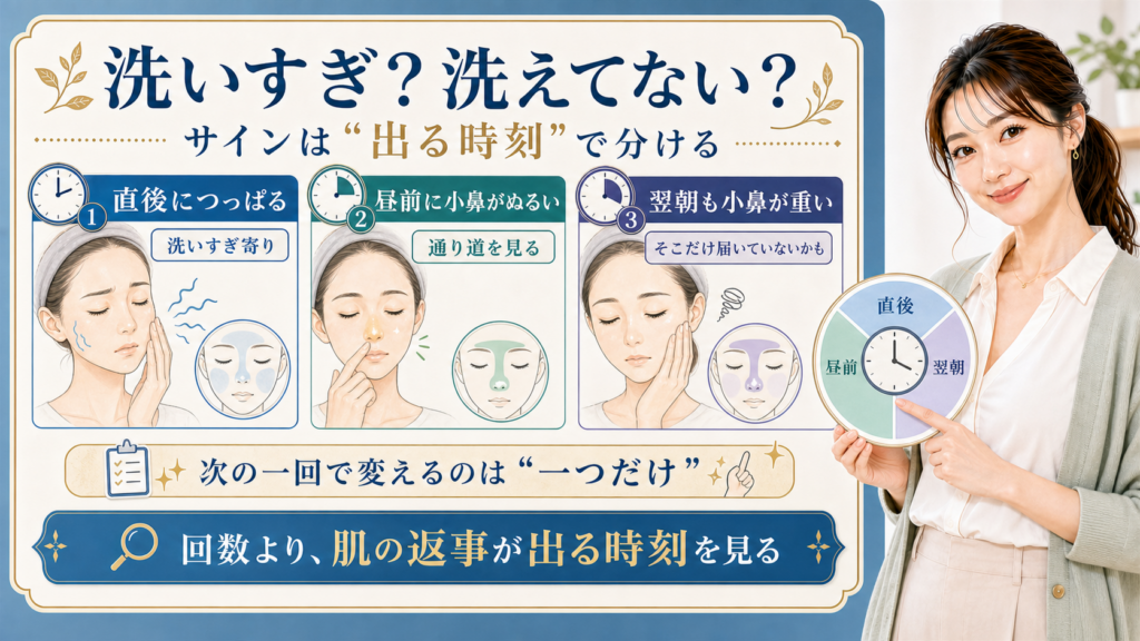 顔の洗いすぎサインを直後・昼前・翌朝の時刻で分けて見る説明ボード