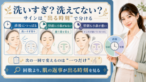 顔の洗いすぎサインを直後・昼前・翌朝の時刻で分けて見る説明ボード