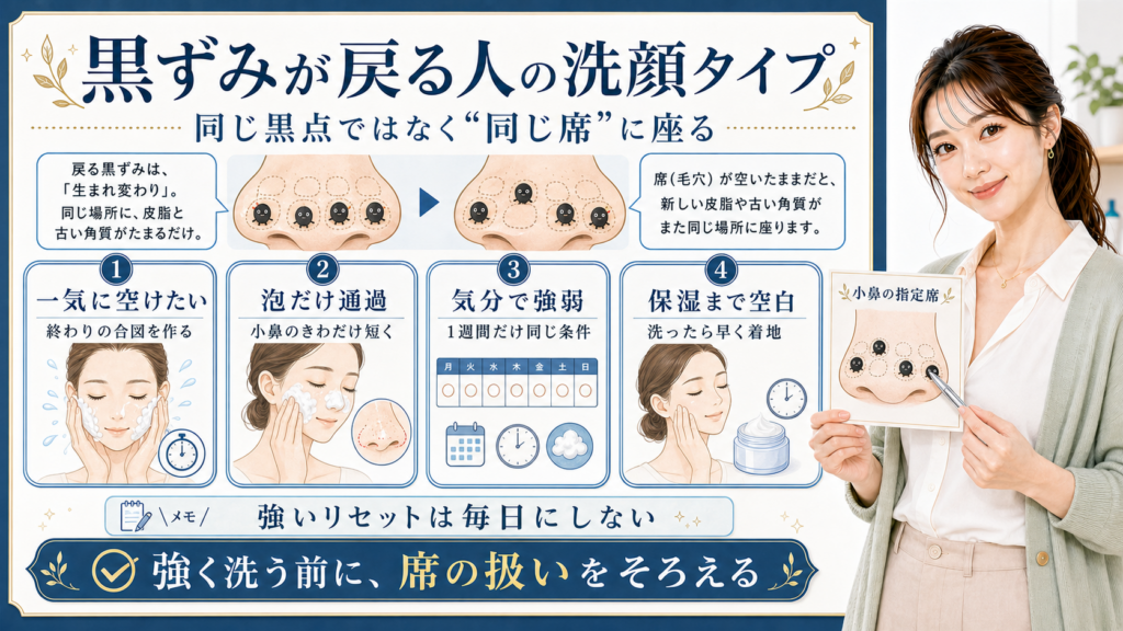 黒ずみが戻る人の洗顔タイプを同じ席に座る皮脂と古い角質として見る説明ボード