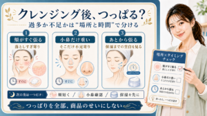 クレンジング後のつっぱりを頬・小鼻・保湿までの空白で分ける説明ボード