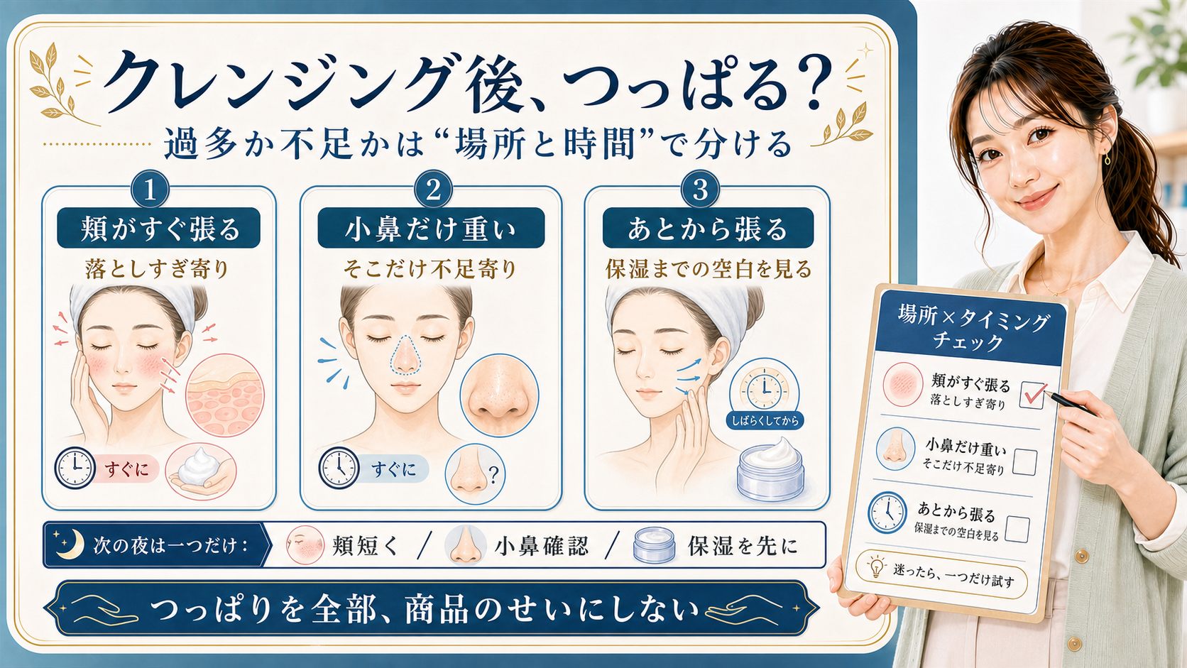 クレンジング後のつっぱりを頬・小鼻・保湿までの空白で分ける説明ボード