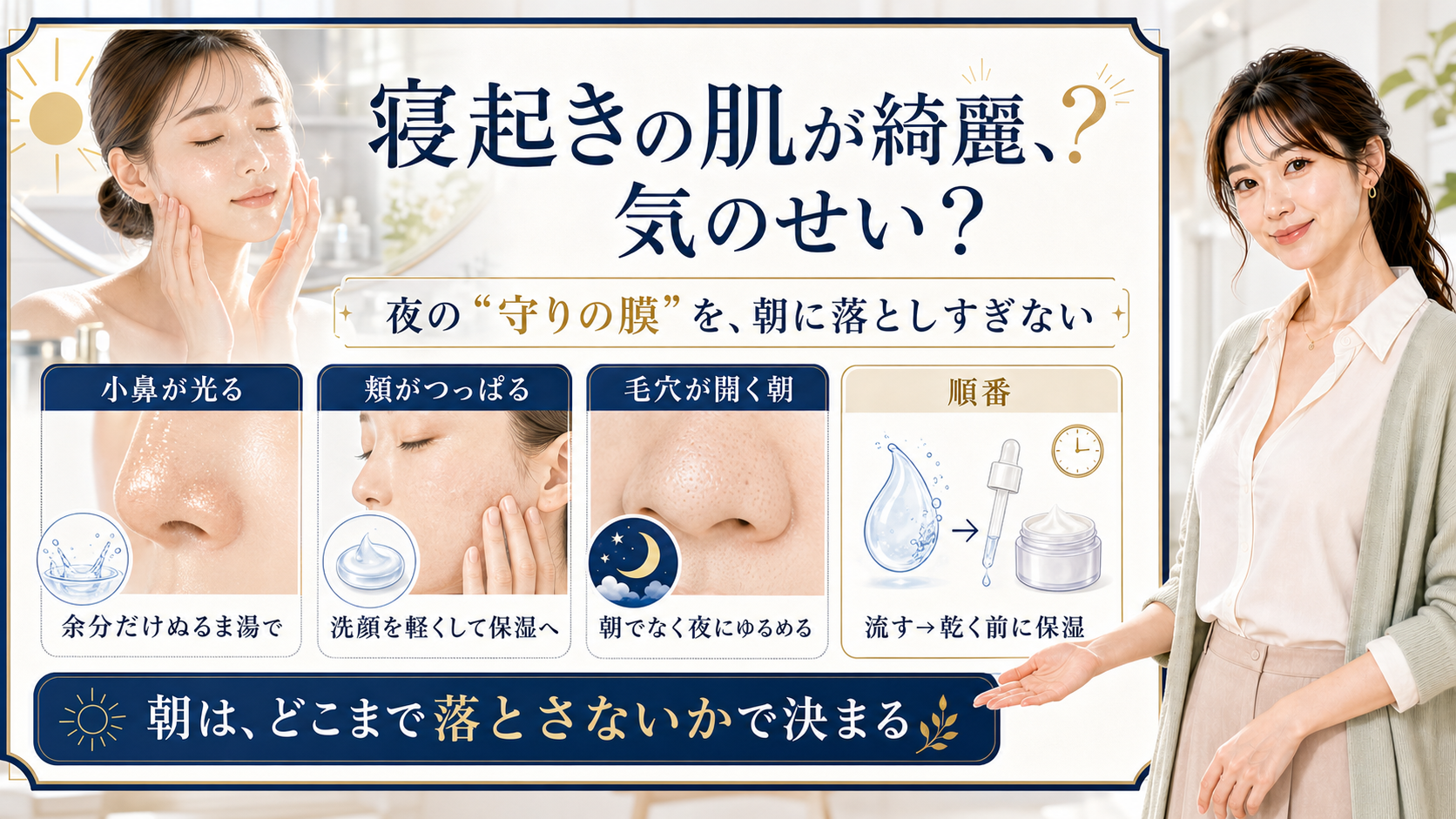 寝起きの肌が綺麗に見える理由と朝の毛穴ケアは守りの膜を落としすぎないことだと整理したアイキャッチ