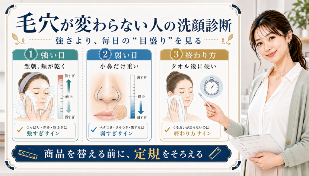 毛穴が変わらない人の洗顔診断 強さより毎日の目盛りを見る