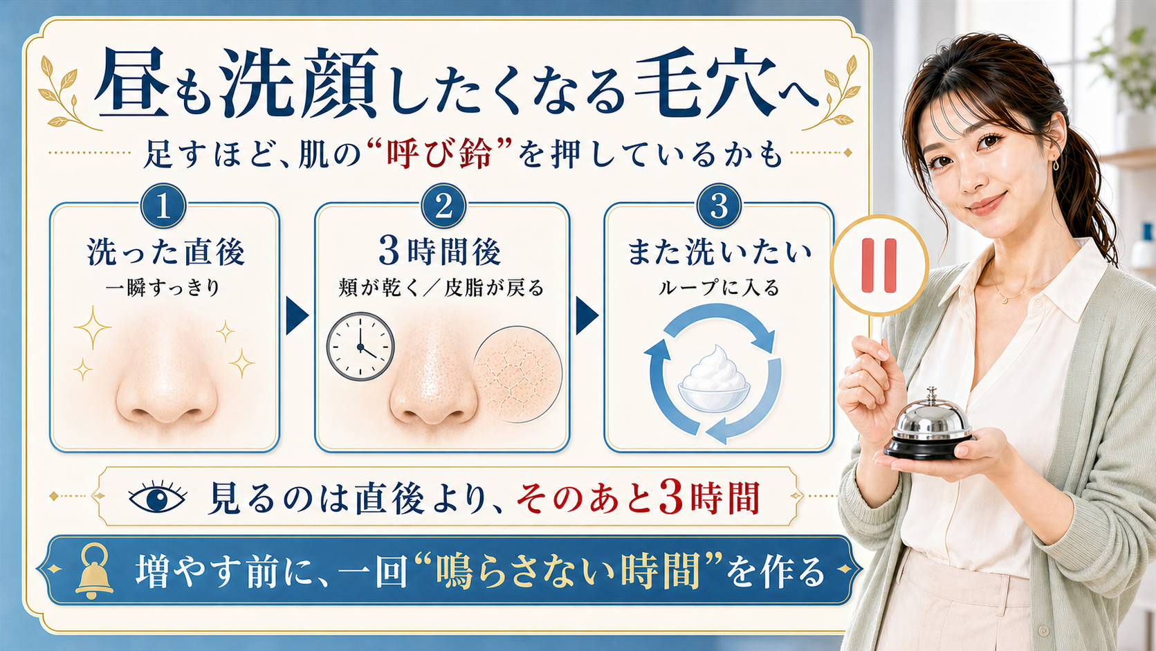 昼も洗顔したくなる毛穴 足すほど肌の呼び鈴を押しているかも