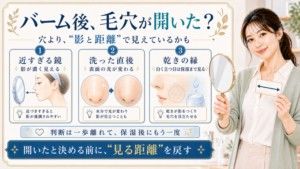 バーム後 毛穴が開いた 穴より影と距離で見えているかも