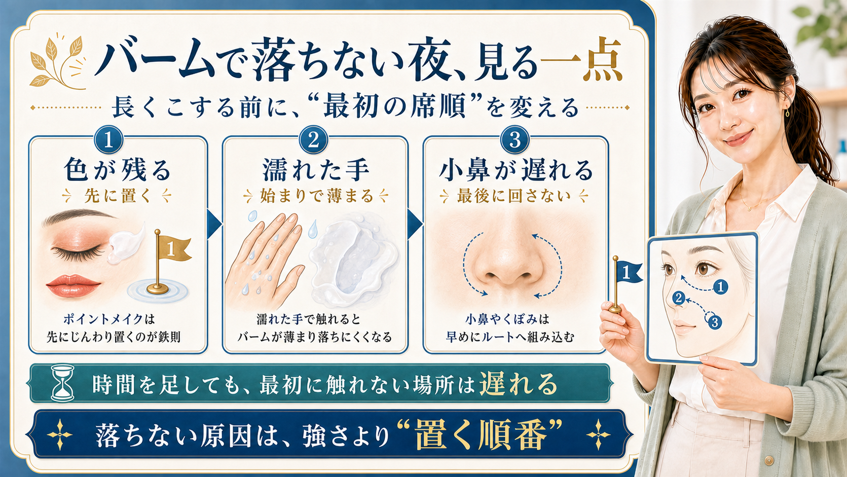 バームで落ちない夜 見る一点 長くこする前に最初の席順を変える