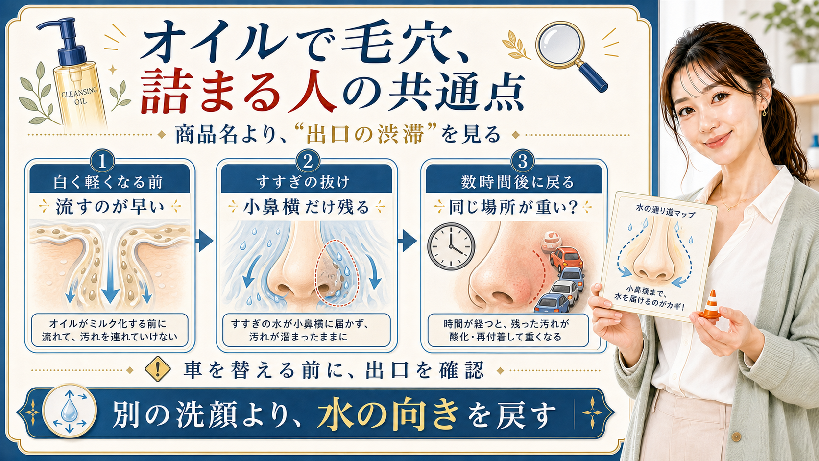 オイルで毛穴が詰まる人の共通点 商品名より出口の渋滞を見る