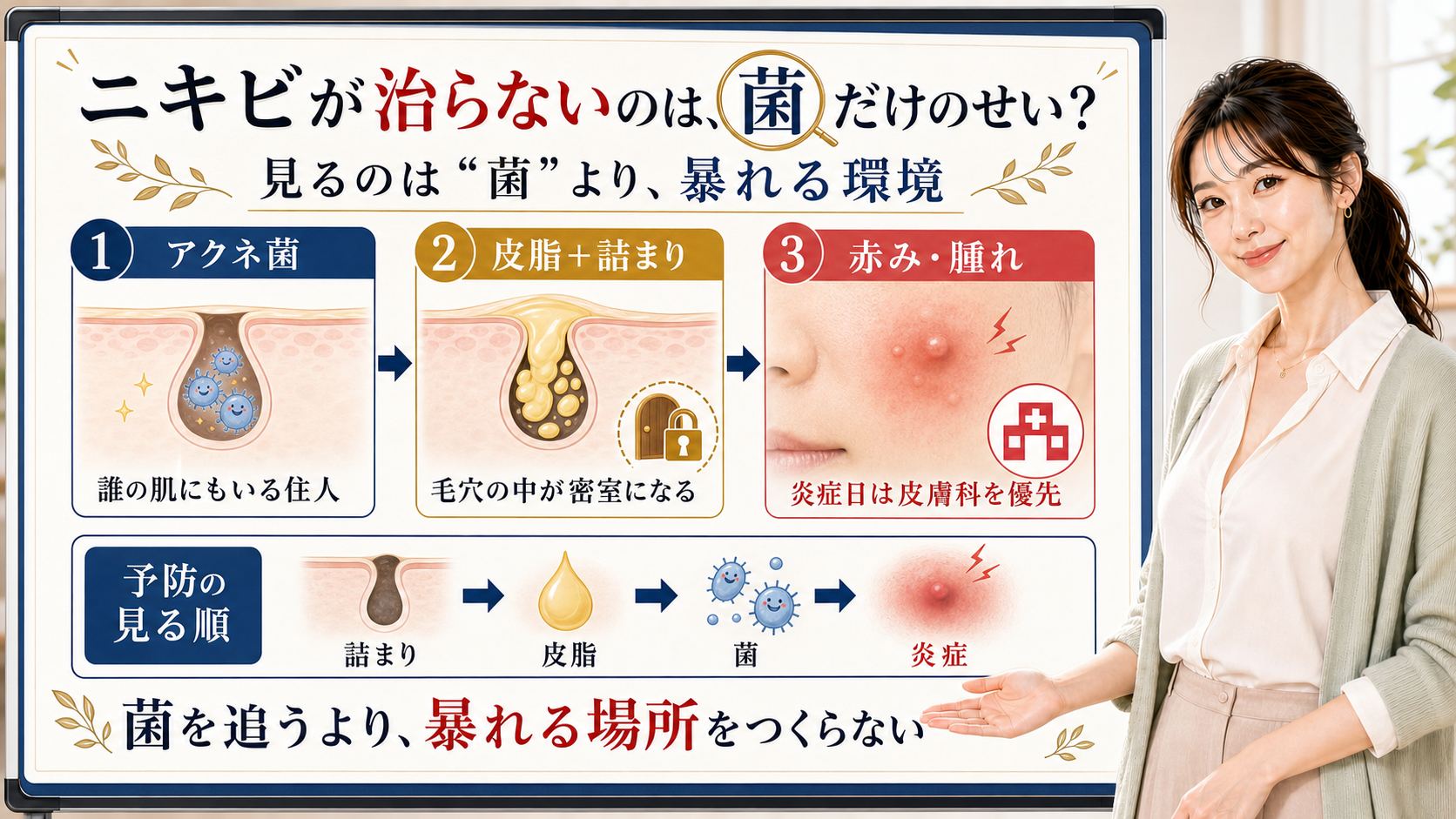 ニキビが治らない原因はアクネ菌だけでなく皮脂と毛穴詰まりがつくる暴れる環境だと整理したアイキャッチ