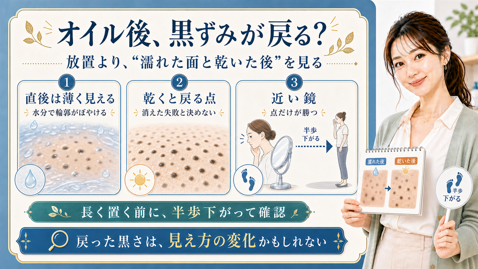 オイル後黒ずみが戻る 放置より濡れた面と乾いた後を見る