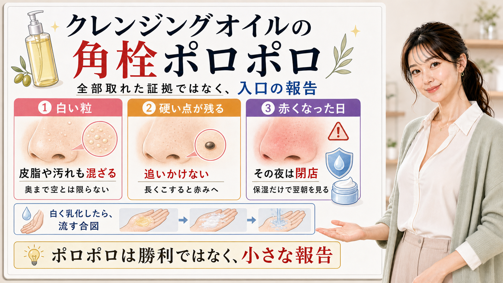 クレンジングオイルで出る角栓ポロポロを入口の報告として説明する図