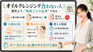 オイルクレンジングが合わない人を小鼻と頬の返事で分ける図