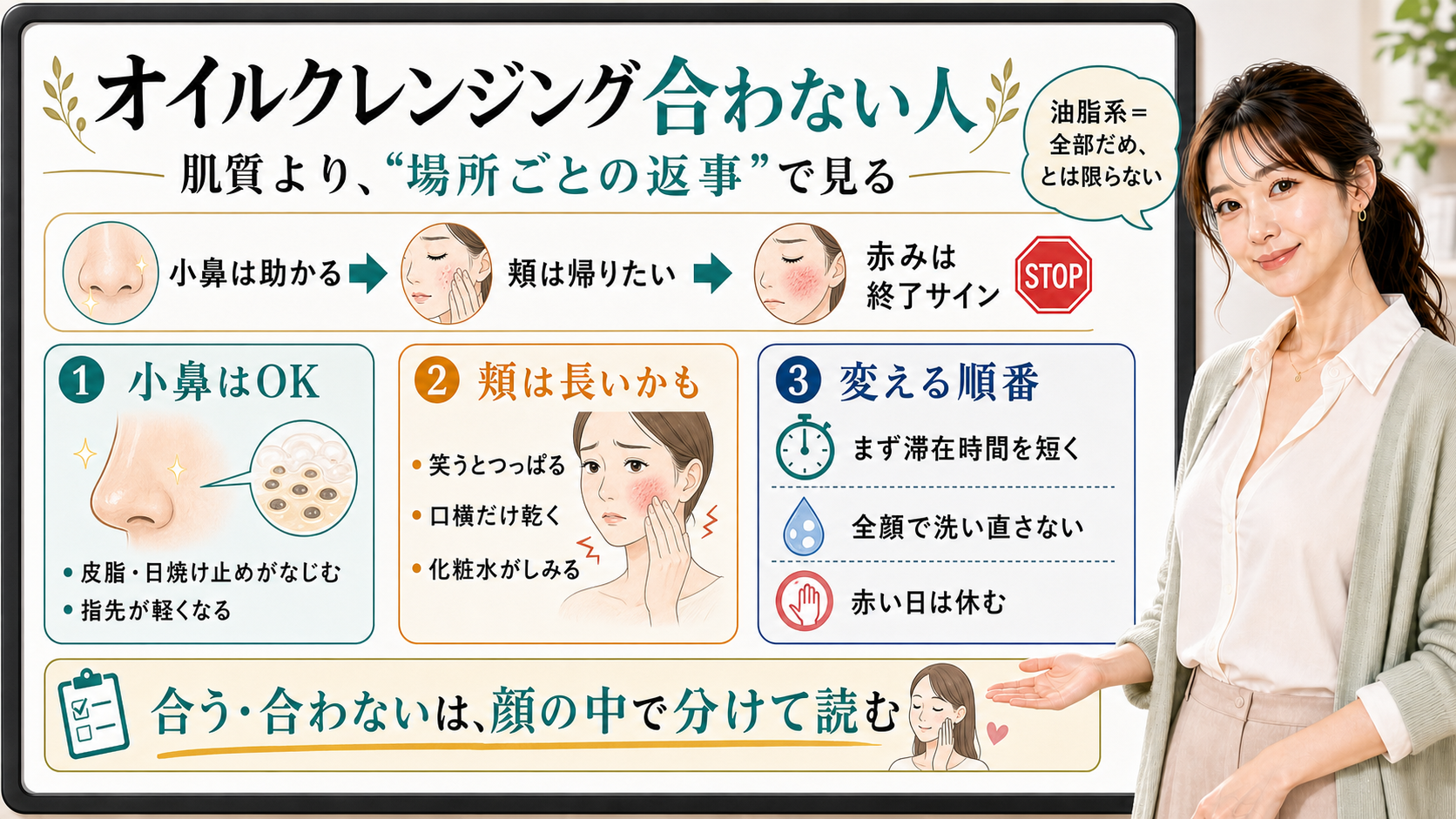 オイルクレンジングが合わない人を小鼻と頬の返事で分ける図