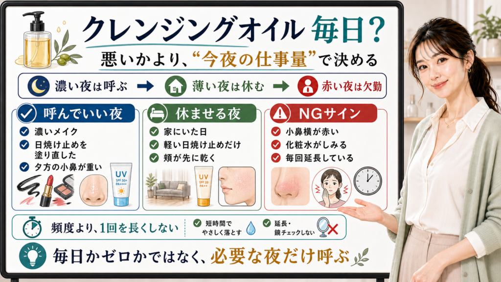 クレンジングオイルを毎日使うかを今夜の仕事量で分ける図