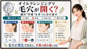 オイルクレンジング後に毛穴が開くように見える理由を字幕で分ける図