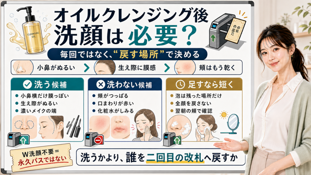 オイルクレンジング後の洗顔を小鼻や頬の状態で判断する図