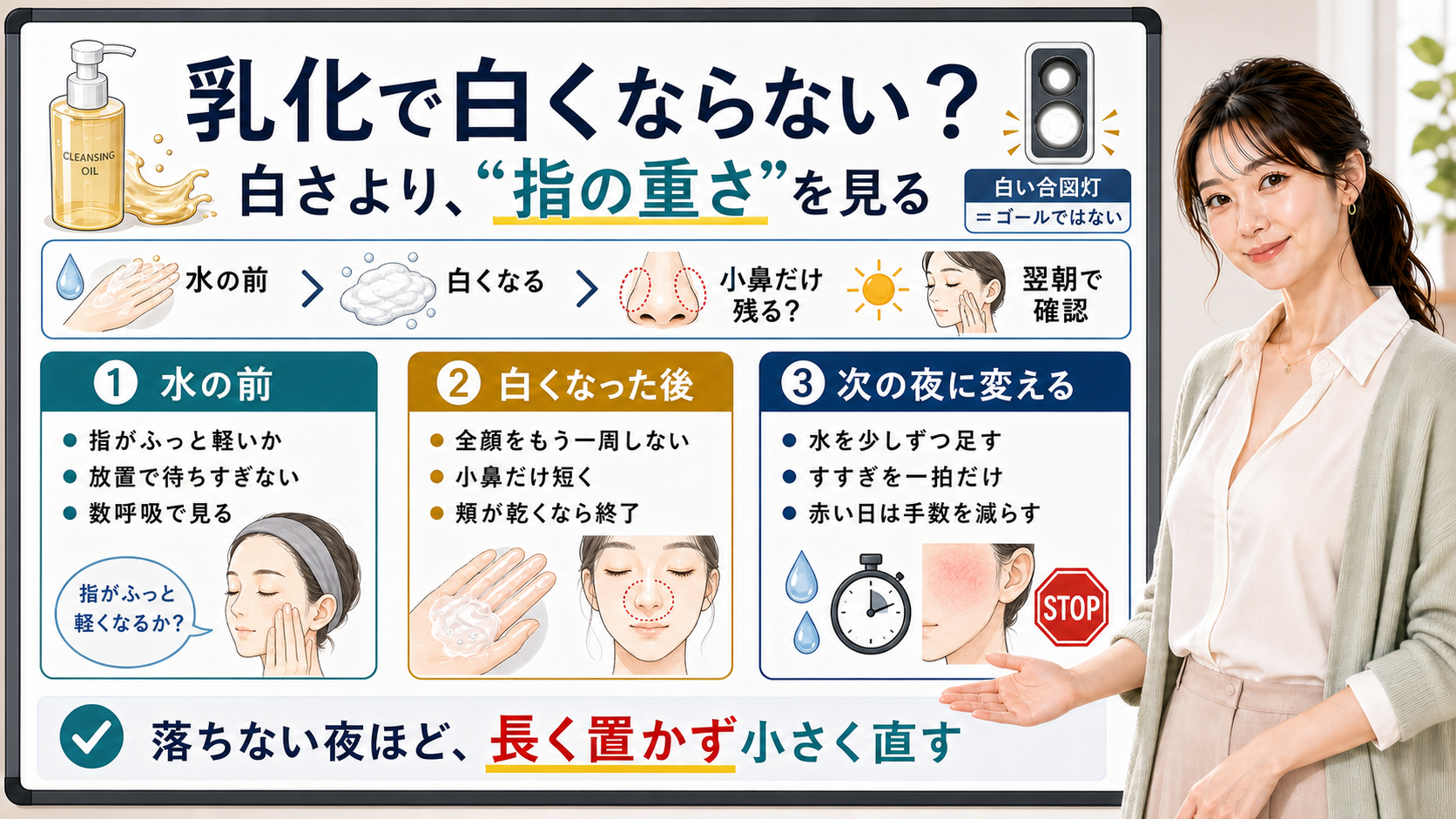 クレンジングオイルの乳化で白くならない時に指の重さを見る図