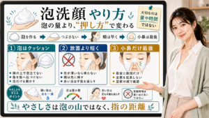 泡洗顔のやり方を泡の量ではなく押し方と指の距離で説明する図
