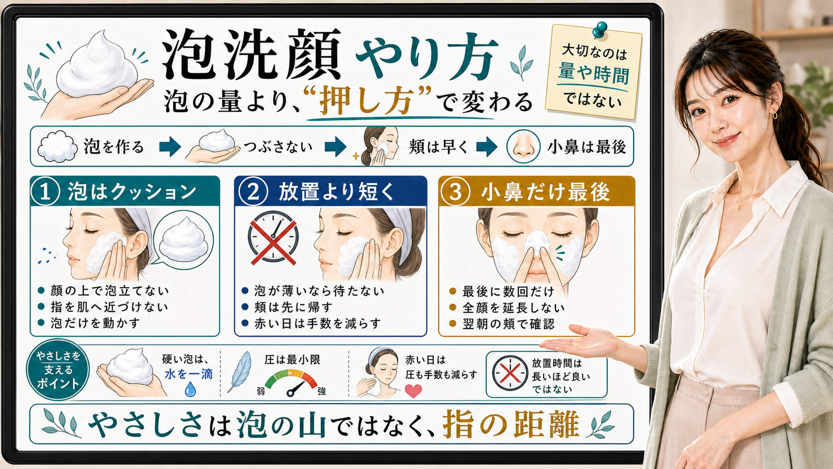 泡洗顔のやり方を泡の量ではなく押し方と指の距離で説明する図