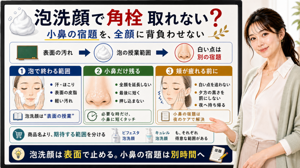 泡洗顔で角栓が取れない理由を表面の汚れと小鼻の宿題で分ける図