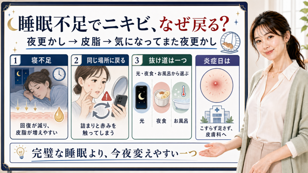 睡眠不足でニキビが戻る理由と夜更かしから抜ける一つの習慣を整理したアイキャッチ