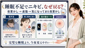 睡眠不足でニキビが戻る理由と夜更かしから抜ける一つの習慣を整理したアイキャッチ