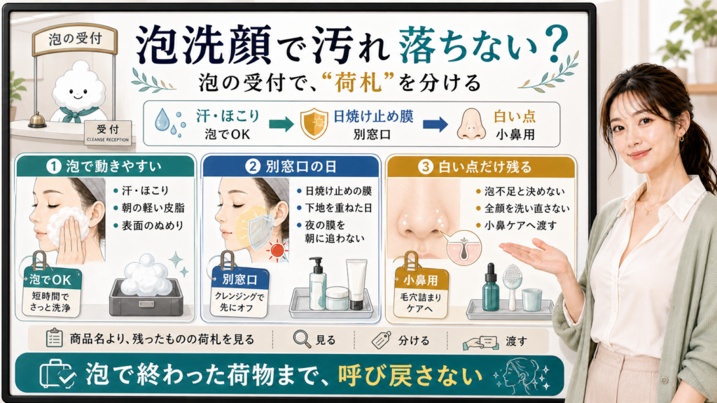 泡洗顔で落ちる汚れと落ちにくい日焼け止め膜や白い点を分ける図