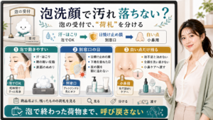 泡洗顔で落ちる汚れと落ちにくい日焼け止め膜や白い点を分ける図