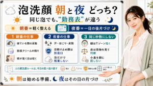 泡洗顔の朝と夜の使い分けを勤務表で説明する図