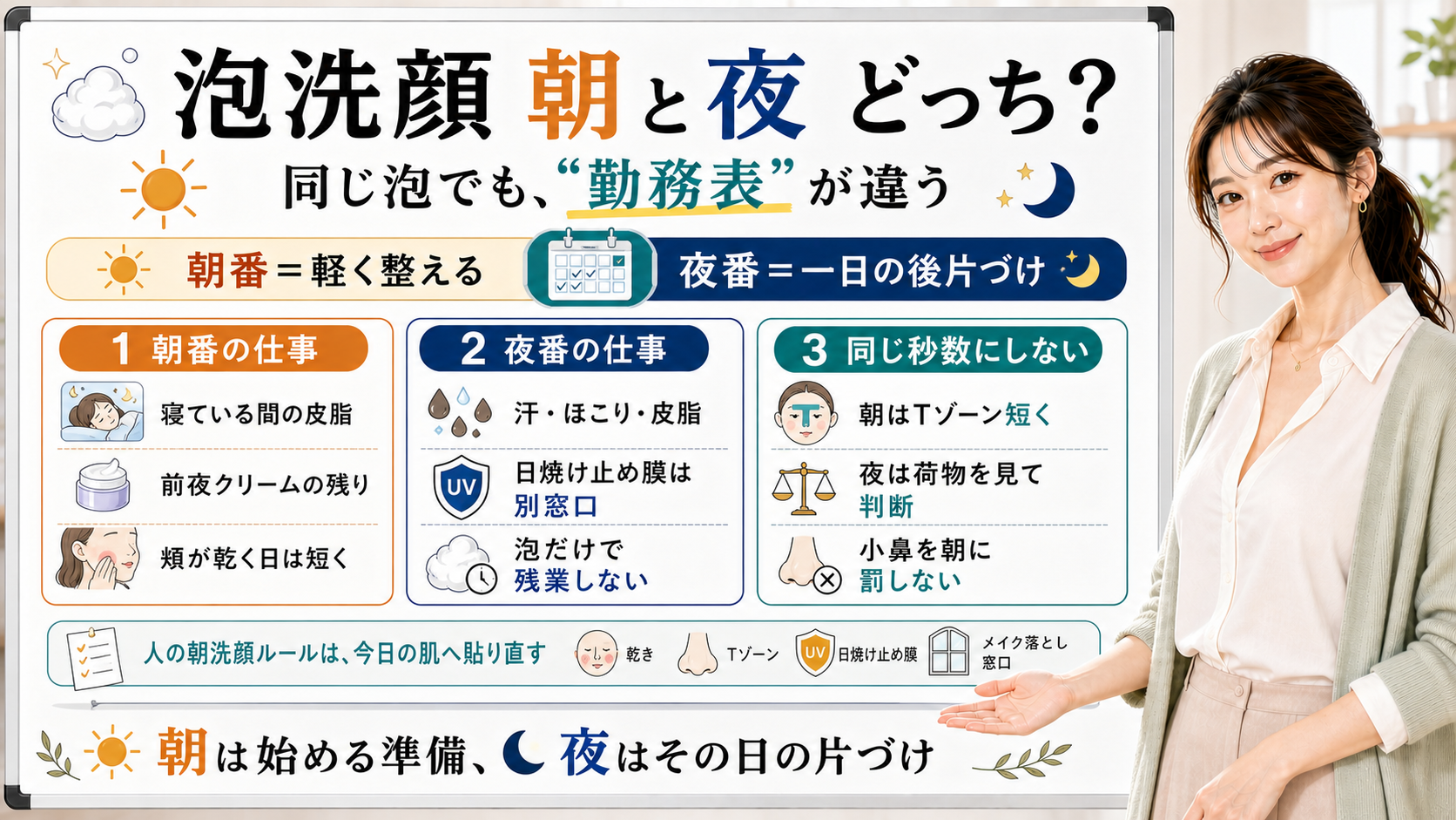 泡洗顔の朝と夜の使い分けを勤務表で説明する図