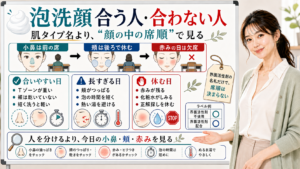 泡洗顔が合う人合わない人を小鼻頬赤みの席順で判断する図