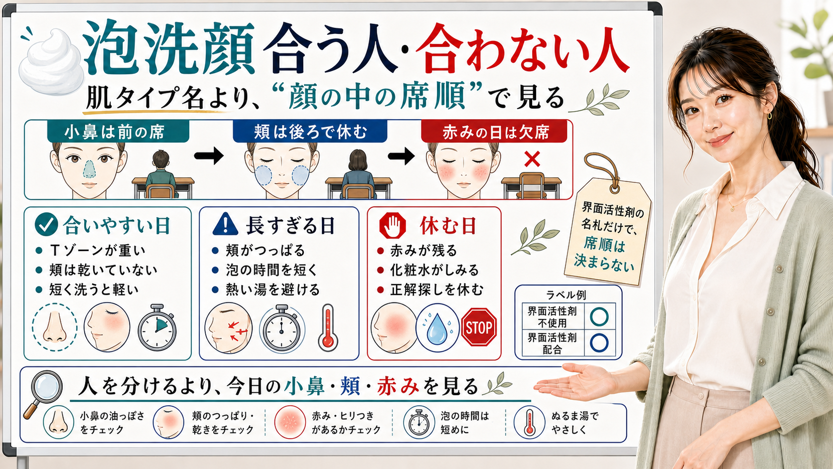 泡洗顔が合う人合わない人を小鼻頬赤みの席順で判断する図