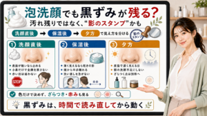 泡洗顔後に黒ずみが残る理由を影のスタンプとして時間で分ける図