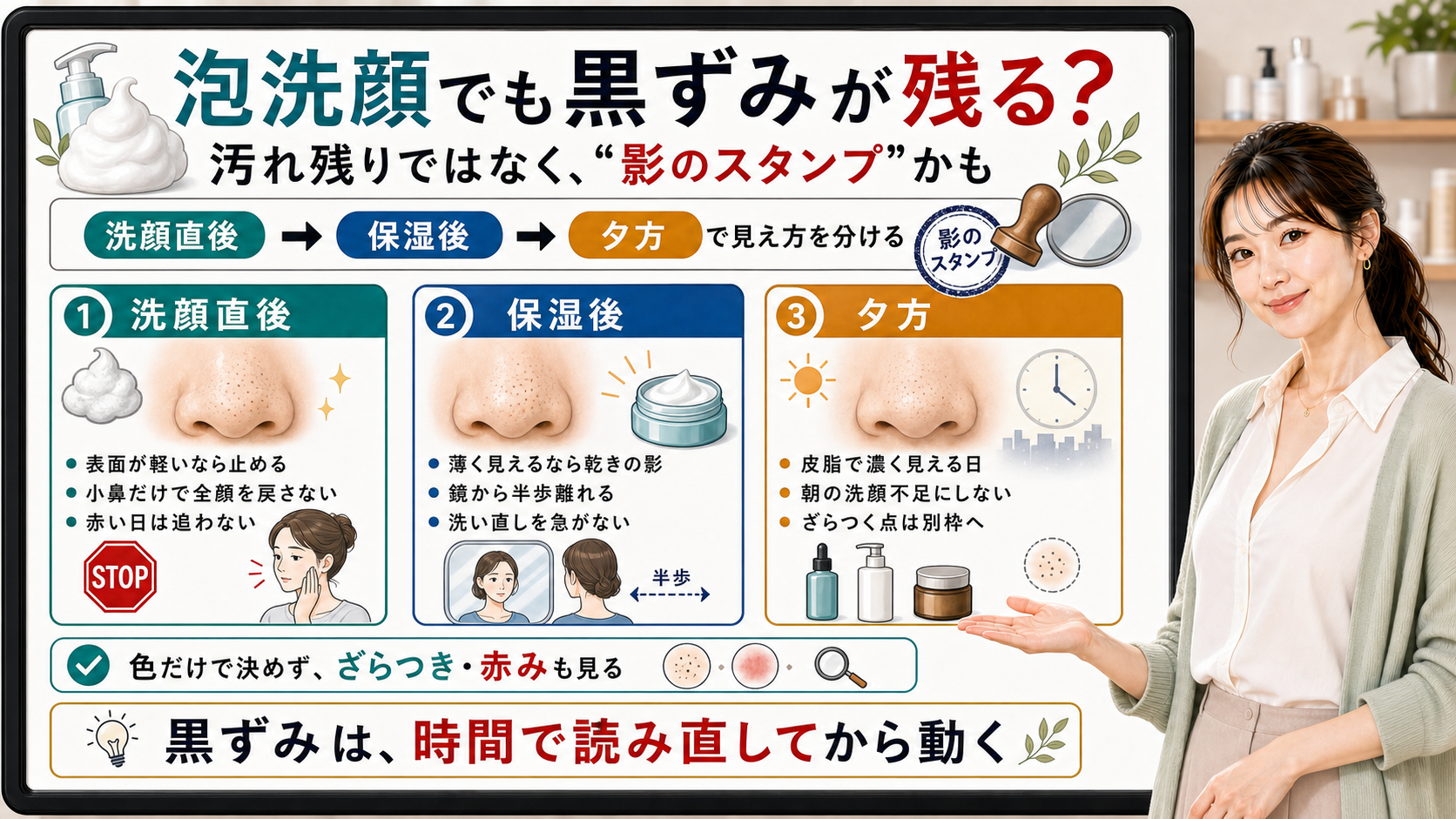 泡洗顔後に黒ずみが残る理由を影のスタンプとして時間で分ける図