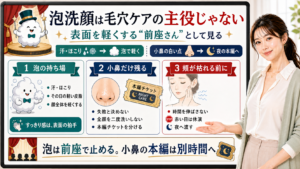 泡洗顔は毛穴ケアの主役ではなく表面を軽くする前座として説明する図