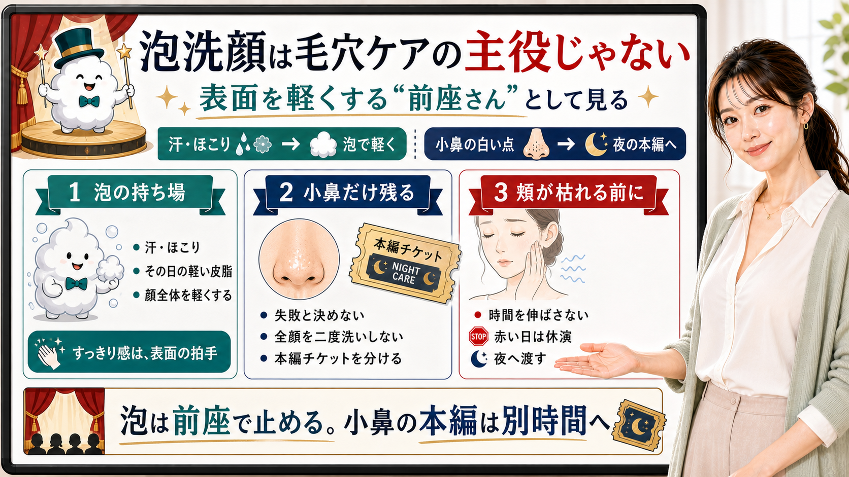 泡洗顔は毛穴ケアの主役ではなく表面を軽くする前座として説明する図