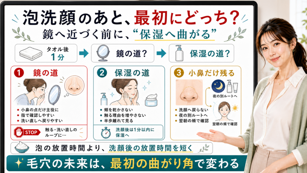 泡洗顔後に鏡へ近づく前に保湿へ進む分かれ道を示す図