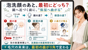 泡洗顔後に鏡へ近づく前に保湿へ進む分かれ道を示す図