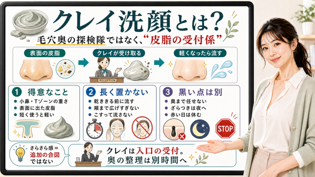 クレイ洗顔を毛穴奥ではなく表面皮脂の受付係として説明する図