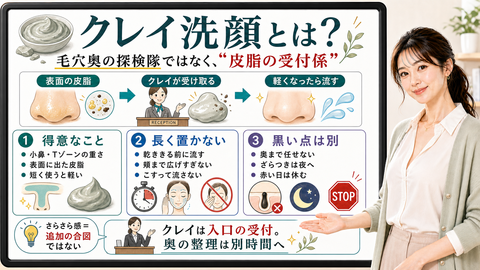 クレイ洗顔を毛穴奥ではなく表面皮脂の受付係として説明する図