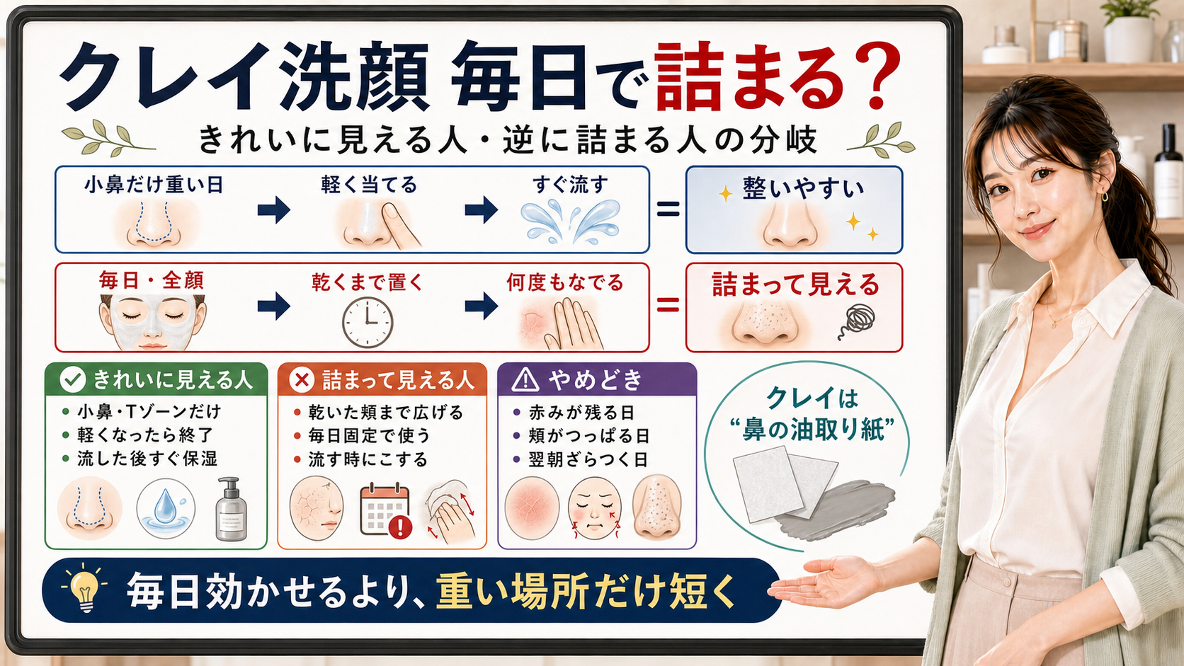クレイ洗顔で毛穴がきれいに見える人と詰まって見える人の違いを説明する図