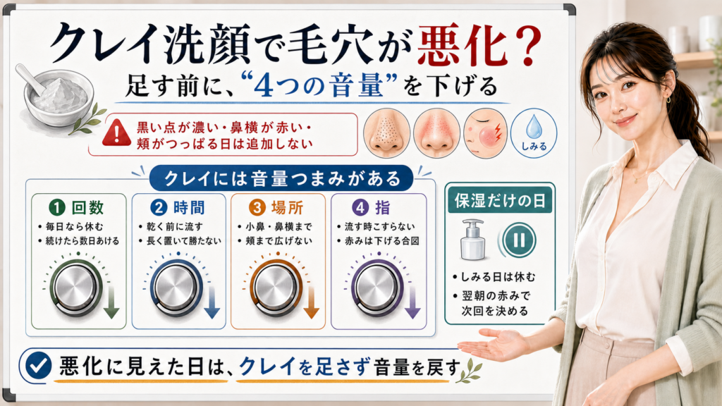 クレイ洗顔で毛穴が悪化して見える日は4つの音量を下げると説明する図